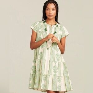 Roller Rabbit Pamela Tiered Mini Dress in Sage Green Floral Pattern Medium
